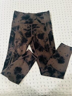 Athleta Grey Stash-Pocket Floral Print High-Rise Leggings with Side Zips